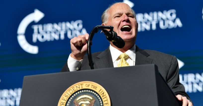 Rush Limbaugh speaks before President Donald Trump takes the stage during the Turning Point USA Student Action Summit at the Palm Beach County Convention Center in West Palm Beach, Florida on Dec. 21, 2019.
