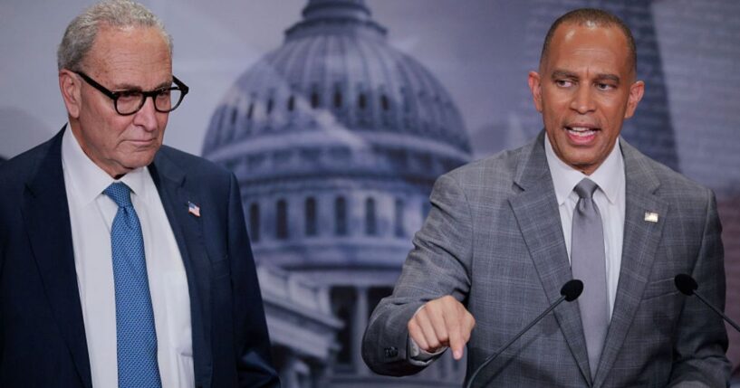 Senate Minority Leader Charles Schumer, left, and House Minority Leader Hakeem Jeffries, both New York Democrats, talk to reporters at the U.S. Capitol Monday in Washington, D.C.
