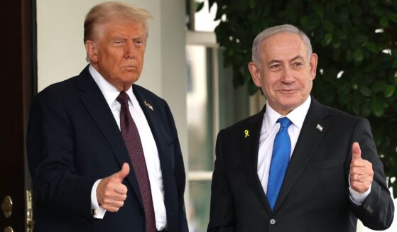 President Donald Trump and Israeli Prime Minister Benjamin Netanyahu give a "thumbs up" sign at the White House Monday in Washington, D.C.
