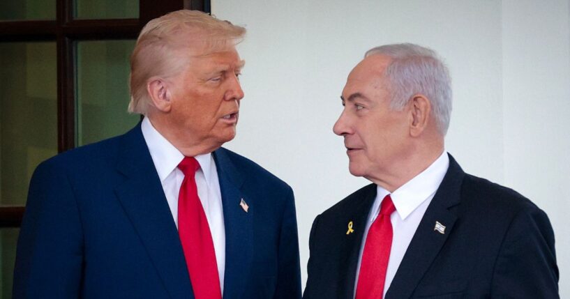 President Donald Trump greets Israeli Prime Minister Benjamin Netanyahu as he arrives at the White House on April 7.
