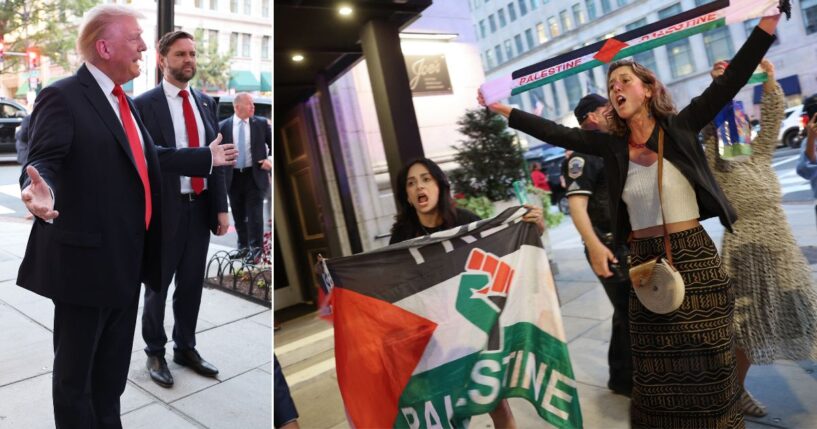 Protesters, right demonstrate in front of Joe's Seafood, Prime Steak & Stone Crab restaurant as President Donald Trump, left, and members of his cabinet and administration dine inside Tuesday in Washington, D.C.