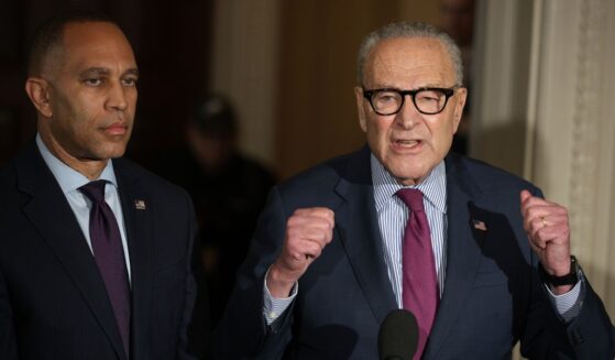 Senate Minority Leader Sen. Chuck Schumer and House Minority Leader Rep. Hakeem Jeffries brief members of the press during a news conference on the government shutdown at the U.S. Capitol on Oct. 16, 2025, in Washington, D.C.