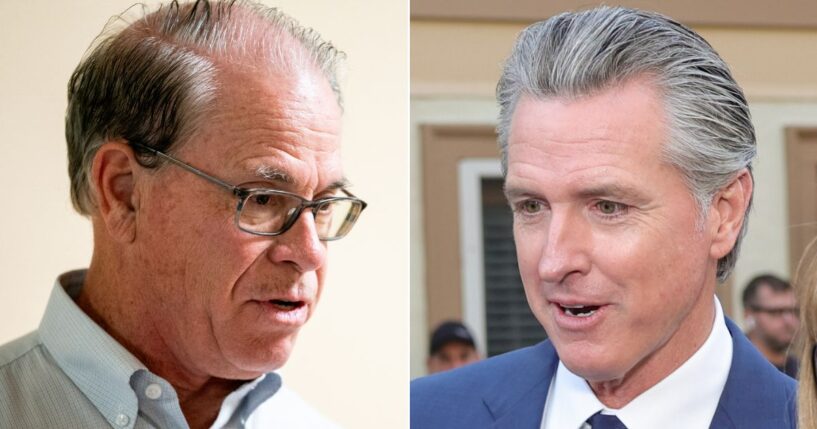 Indiana Gov. Mike Braun, left, seen in a file photo from November 2024, said his action is intended "to protect Hoosiers from efforts in other states that seek to diminish their voice in Washington" -- a reference to states like Gov. Gavin Newsom's California, which has revised its congressional map to increase the number of Democrats sent to Washington.