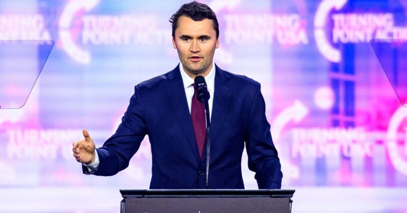Charlie Kirk speaks on stage at America Fest 2024 in Phoenix, Arizona, on Dec. 22, 2024.