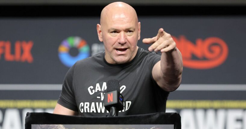 UFC President Dana White calls on people with questions as he promotes a fight between Canelo Alvarez and Terence Crawford in Las Vegas, Nevada, on June 27.