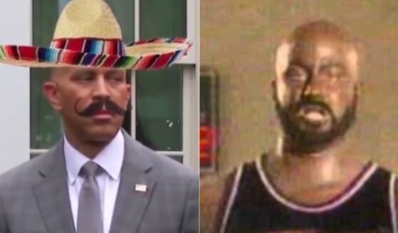 Democrats are showing their hypocrisy by displaying outrage over the White House meme of House Minority Leader Hakeem Jeffries, left, after they fought to get Jimmy Kimmel, right, back on TV even though he wore blackface twice.