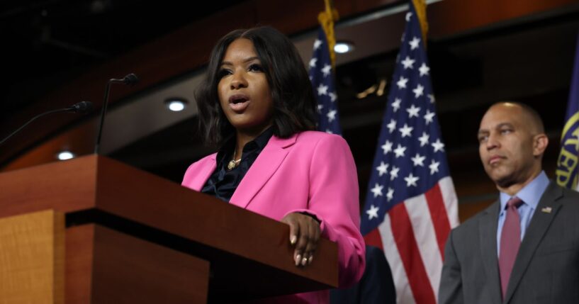 Rep. Jasmine Crockett speaks at a news conference in the Capitol Building in Washington, DC on Sept. 8, 2025.
