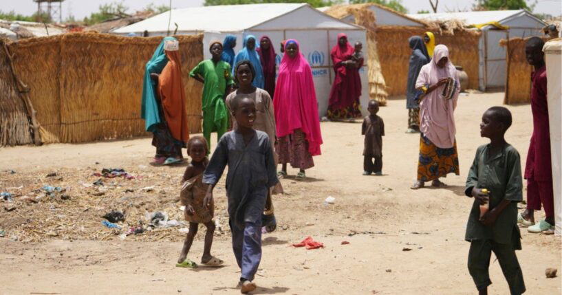 Women and children displaced by Boko haram attacks are seen outside a camp in Dikwa, north east Nigeria, April 29.