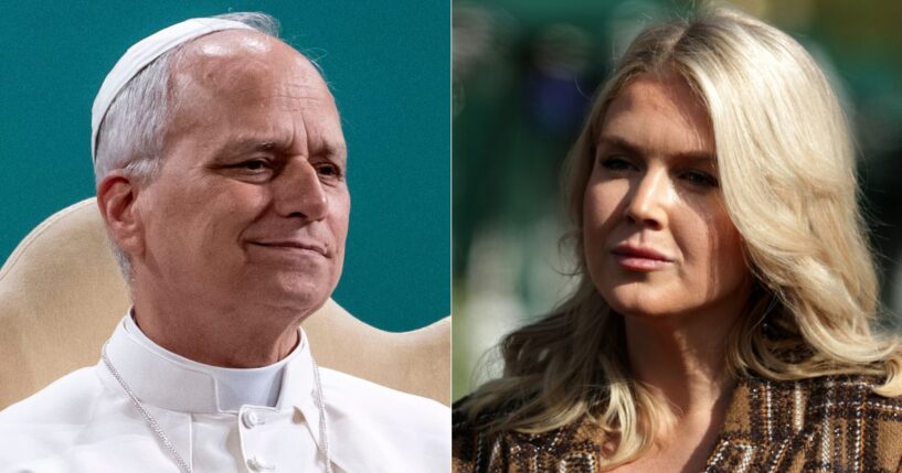 White House press secretary Karoline Leavitt, right, fired back after Pope Leo XIV, left, said a person cannot be pro-life but support the inhumane treatment of illegal immigrants.