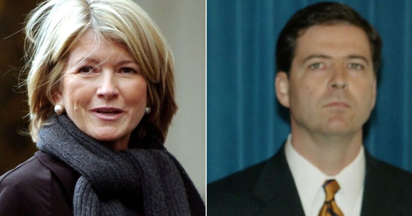 Martha Stewart, left, arrives in court in a 2004 photo after being indicted on charges brought by then-U.S. attorney James Comey, right.