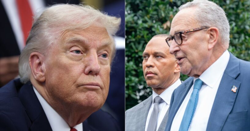 President Donald Trump, left, took to Truth Social to explain that he can use the Democrat-forced government shutdown -- led by House Minority Leader Hakeem Jeffries, center, and Senate Minority Leader Chuck Schumer, right -- to save the government money.