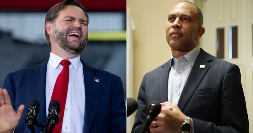 House Minority Leader Hakeem Jeffries, right, attempted to make a meme mocking Vice President J.D. Vance -- after Jeffries became a meme utilized by the White House -- but his attempt backfired spectacularly.