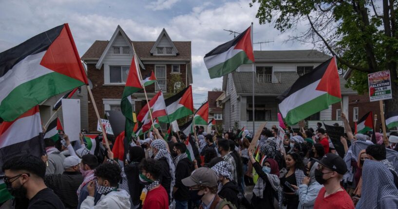 Hundreds of residents of Dearborn, Michigan, march through the neighborhoods in Dearborn on May 15, 2021, to protest the actions of the Israeli Army in Gaza as well as the forced removal of Palestinian families in Sheikh Jarrah in East Jerusalem.