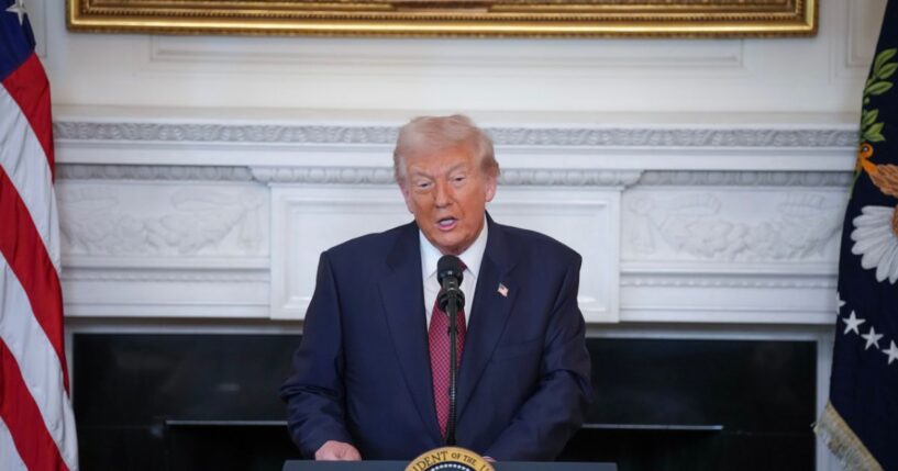 President Donald Trump speaks with Senate Republicans at a breakfast in the State Dining Room of the White House on Nov. 5, 2025, in Washington, D.C.