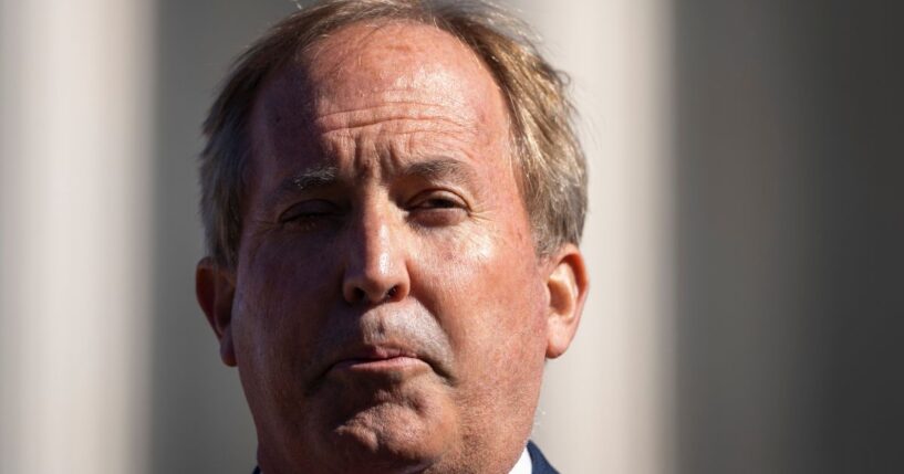 Texas Attorney General Ken Paxton speaks outside the U.S. Supreme Court on Nov. 1, 2021, in Washington, D.C.
