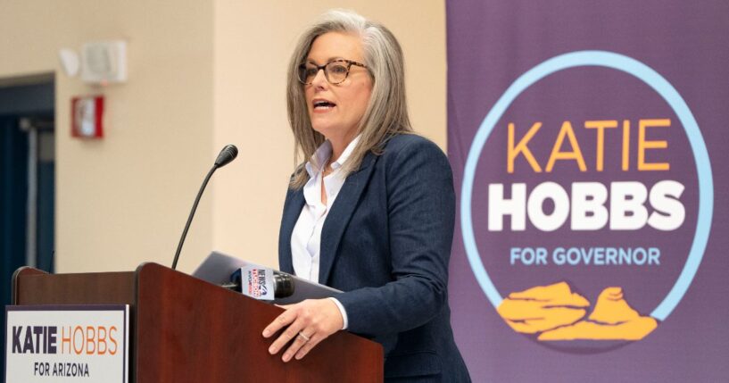 Arizona Gov. Katie Hobbs speaks during her "Arizona First" rally at El Rio Center on Nov. 1, 2025, in Tucson, Arizona.
