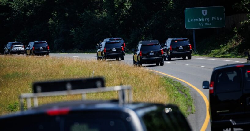 President Donald Trump rides in a motorcade to his private golf club on the morning of July 4, 2025, in Sterling, Virginia.