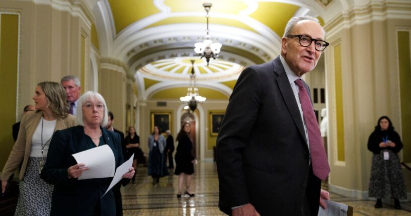 Senate Minority Leader Chuck Schumer, a Democrat from New York, walks to the microphone before speaking at the Weekly Senate Policy Luncheon news conference on Nov. 4, 2025, on Capitol Hill in Washington, D.C.