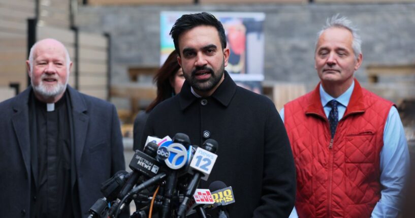 New York City Mayor-elect Zohran Mamdani speaks with members of the media after handing out food at Part of the Solution on Nov. 17, 2025, in the Fordham neighborhood of the Bronx borough in New York City.