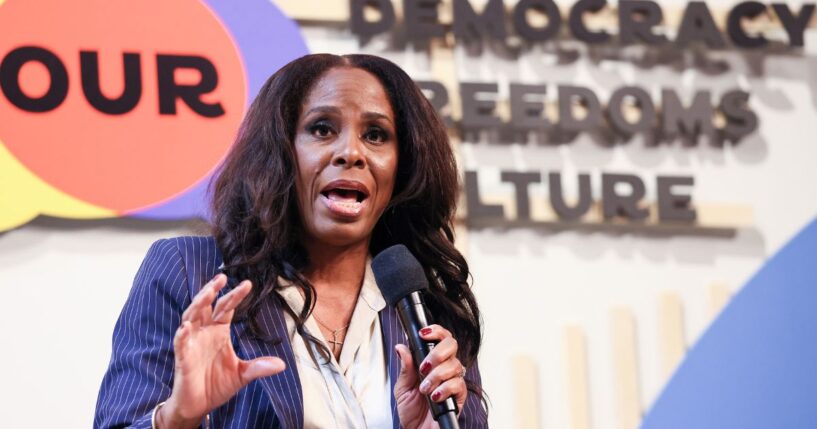 Del. Stacey Plaskett, a Democrat from the U.S. Virgin Islands, speaks during a panel at the Congressional Black Caucus Foundation Annual Legislative Conference National Town Hall on Sept. 21, 2023, in Washington, D.C.