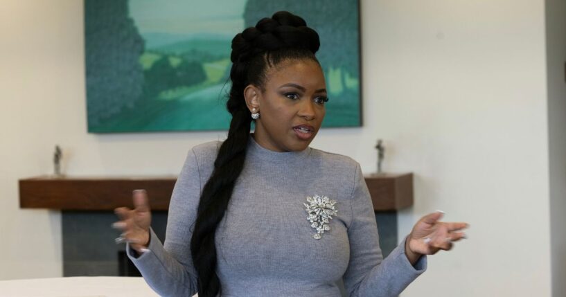 Rep. Jasmine Crockett speaks at Plum Hollow Golf Club on Nov. 15, 2025, in Southfield, Michigan.