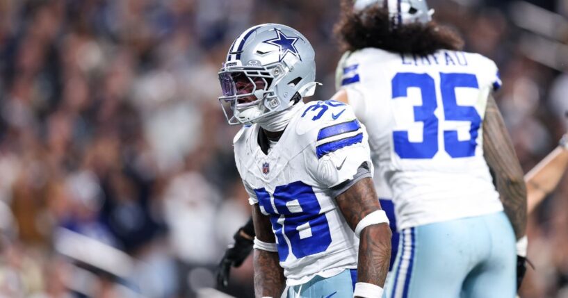 Alijah Clark of the Dallas Cowboys reacts during the fourth quarter against the Las Vegas Raiders at Allegiant Stadium on Nov. 17, 2025, in Las Vegas, Nevada.