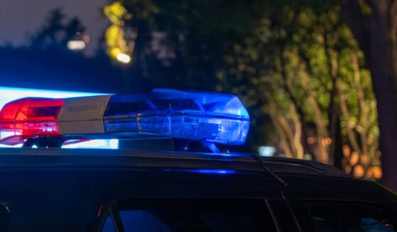 A close-up of a police car light bar flashing red and blue at night.