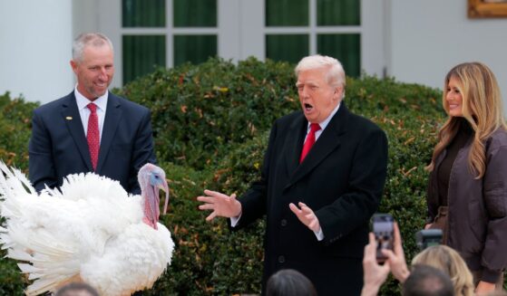 President Donald Trump pardons National Thanksgiving Turkey Gobble alongside First Lady Melania Trump during the 78th annual National Thanksgiving Turkey Presentation in the Rose Garden of the White House on Nov. 25, 2025, in Washington, D.C.