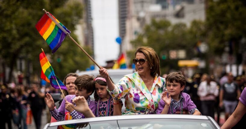 Rep. Nancy Pelosi rides in the San Francisco Gay Pride Parade on June 28, 2015, in San Francisco, California.