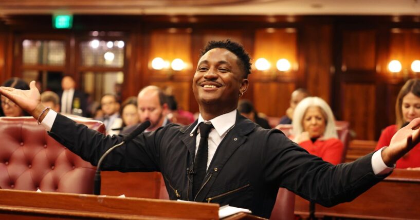Chi Ossé celebrates the passing of his bill during a New York City Council meeting on Nov. 13, 2024. Now, Ossé has set his sights on a higher office.