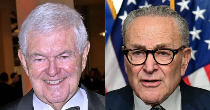 Former House Speaker Newt Gingrich, left, blames the ongoing government shutdown on Sen. Chuck Schumer, a New York Democrat, right. "Unfortunately, for the country -- and especially government employees – Schumer saw this as an opportunity to hold the entire country hostage to prove Democrats could get a supposed win," Gingrich said.