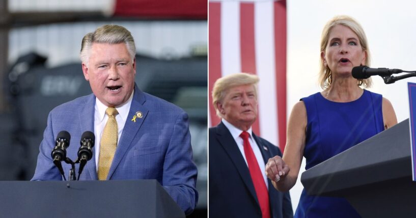 Rep Mark Harris of North Carolina, left, and Rep. Mary Miller of Illinois, right, seen with President Donald Trump at a 2022 event, are working to end the program that provides taxpayer funds to transport minors across state lines for abortions.