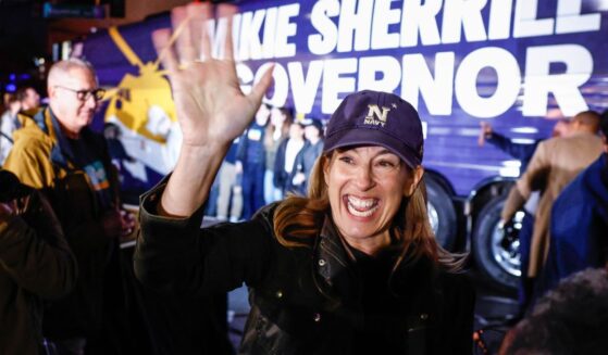 Democratic gubernatorial candidate Mikie Sherrill waves during a campaign event in Montclair, New Jersey, on Nov. 3, 2025.