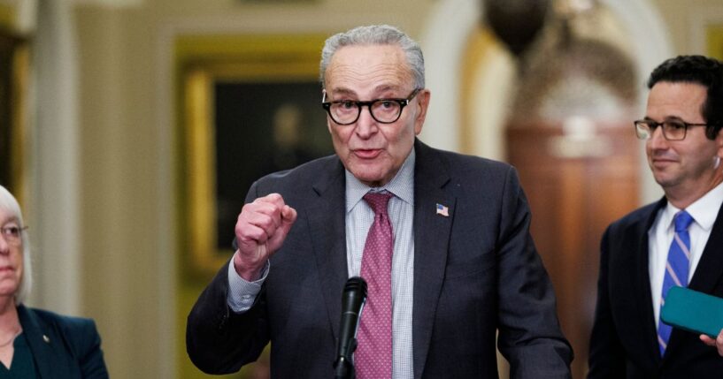 Senate Minority Leader Chuck Schumer speaks to the press on Capitol Hill in Washington, DC on Nov. 4, 2025.