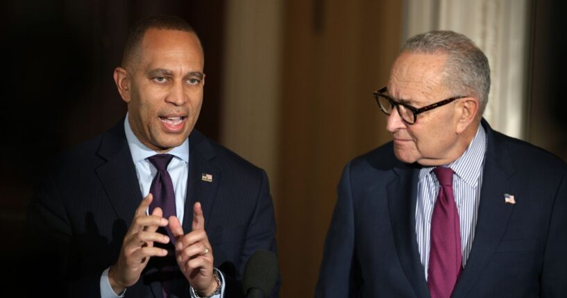 Senate Minority Leader Chuck Schumer and House Minority Leader Hakeem Jeffries speak to news reporters in Washington, DC on Oct. 16, 2025.