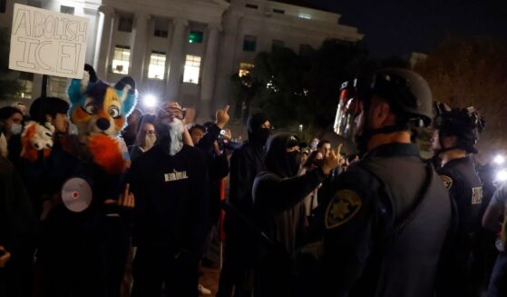 Protesters clash with police at the University of California, Berkeley on Nov. 10, 2025 in Berkeley, California.