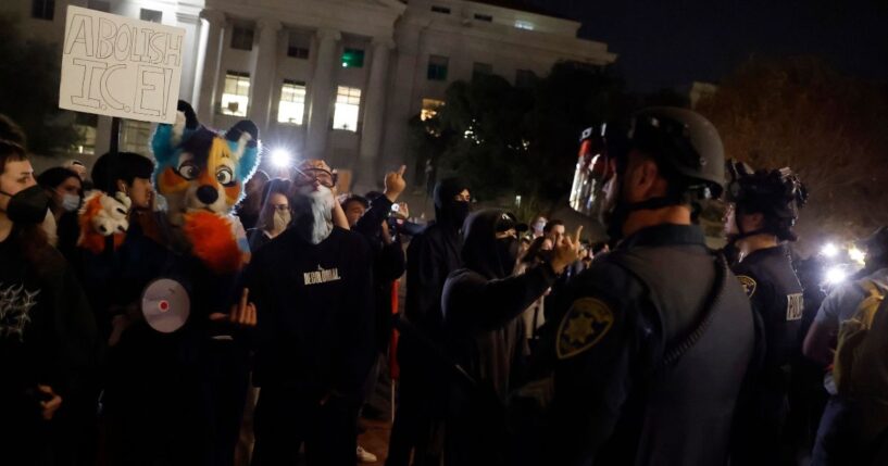 Protesters clash with police at the University of California, Berkeley on Nov. 10, 2025 in Berkeley, California.