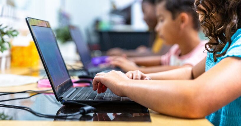 Elementary students work on computers in a computer lab.