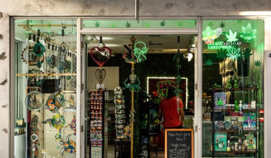The entrance to a cannabis shop and dispensary with a leaf and alien logo on Duval Street in Key West at the end of the Keys road in the state of Florida on July 31, 2025.