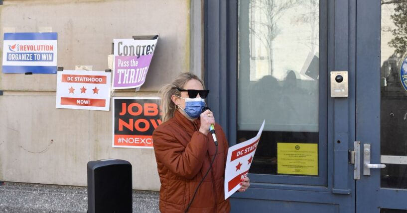 Aftyn Behn speaks during a rally as Tennesseans take action for an economic recovery and infrastructure package prioritizing climate, care, jobs, justice, and call on Congress to pass The THRIVE Act on April 2, 2021, in Nashville, Tennessee.