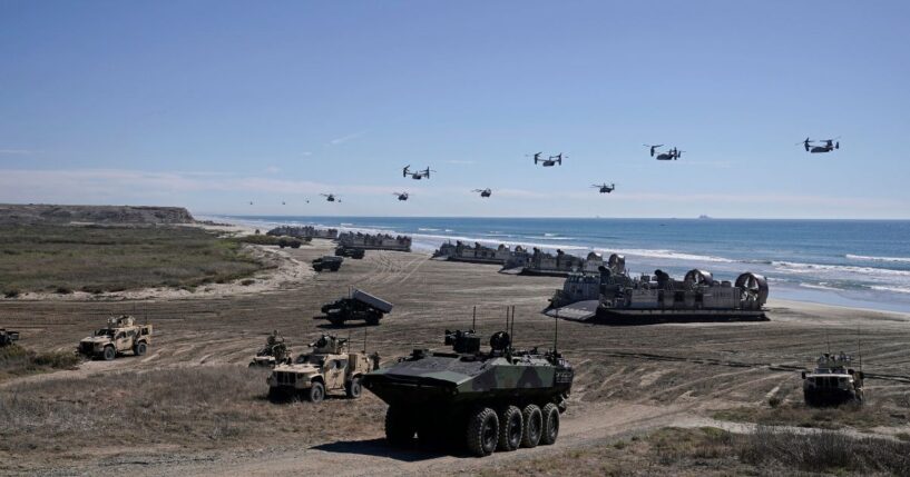 Marines perform an amphibious capabilities demonstration as Vice President J.D. Vance and Second Lady Usha Vance visit, on Red Beach at Camp Pendleton, California, on Oct. 18, 2025, as part of the Marine Corps' 250th anniversary celebrations.