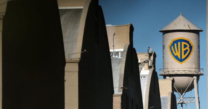 The WB water tower is seen at Warner Bros. Studios in Burbank, California, on Dec. 5, 2025.