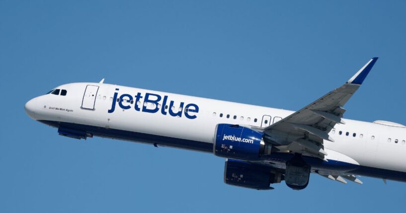 A JetBlue Airways Airbus A321 airplane departs from Los Angeles International Airport en route to New York on Oct. 17, 2025, in Los Angeles, California.