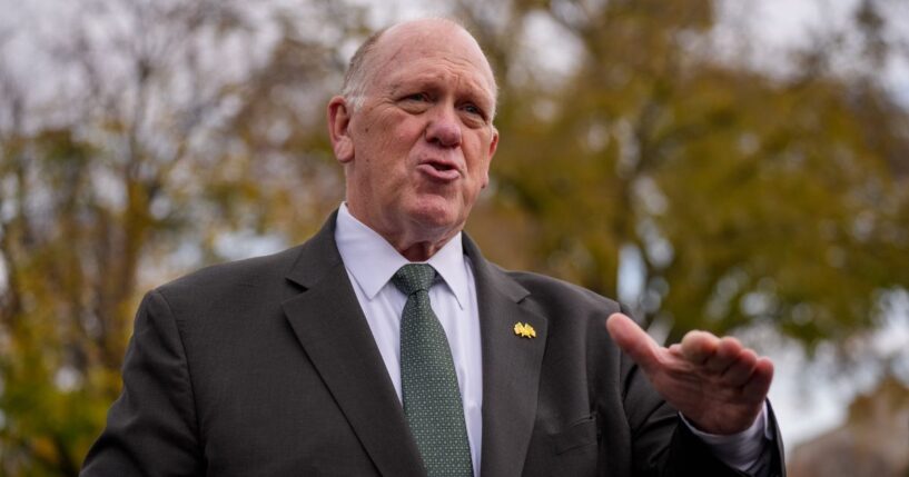 White House Border Czar Tom Homan stops to speaks to reporters following a video interview on the North Lawn outside of the White House on Nov. 14, 2025, in Washington, D.C.
