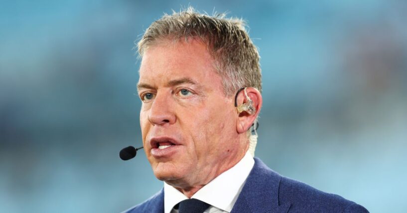 ESPN Broadcaster Troy Aikman looks on before the game between the Jacksonville Jaguars and the Kansas City Chiefs at EverBank Stadium on Oct. 6, 2025, in Jacksonville, Florida.