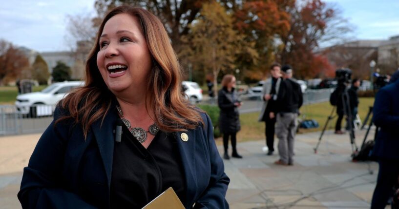 Rep. Adelita Grijalva, a Democrat from Arizona, exits from the news conference on the Epstein files outside the U.S. Capitol on Nov. 18, 2025, in Washington, D.C.