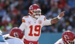 Chris Oladokun of the Kansas City Chiefs points before the snap of the ball in the second quarter of the game against the Tennessee Titans at Nissan Stadium on Dec. 21, 2025, in Nashville, Tennessee.
