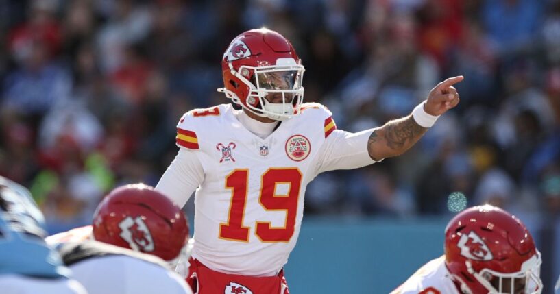 Chris Oladokun of the Kansas City Chiefs points before the snap of the ball in the second quarter of the game against the Tennessee Titans at Nissan Stadium on Dec. 21, 2025, in Nashville, Tennessee.