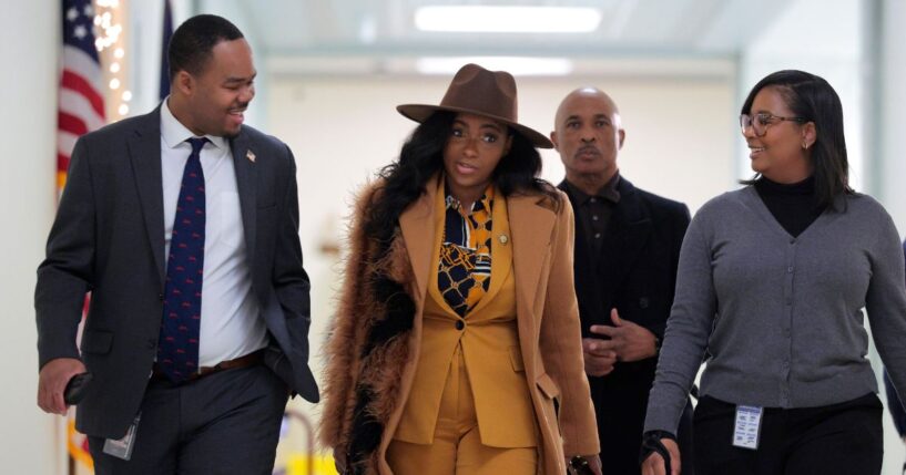 Rep. Jasmine Crockett arrives for a closed-door deposition with former Special Counsel Jack Smith before the House Judiciary Committee in the Rayburn House Office Building on Capitol Hill on Dec. 17, 2025, in Washington, D.C.