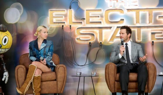 Millie Bobby Brown and Chris Pratt attend the press conference of "The Electric State" at Four Seasons Hotel on Feb. 27, 2025, in Madrid, Spain.